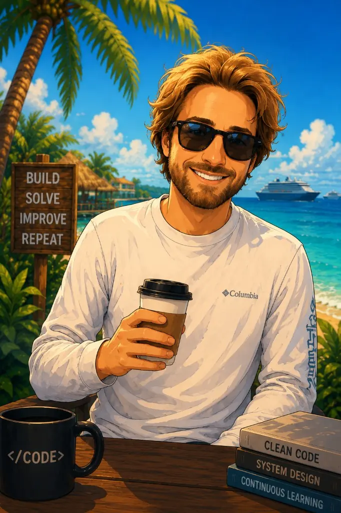 Illustrated portrait of Brendan Johnson holding coffee near the ocean